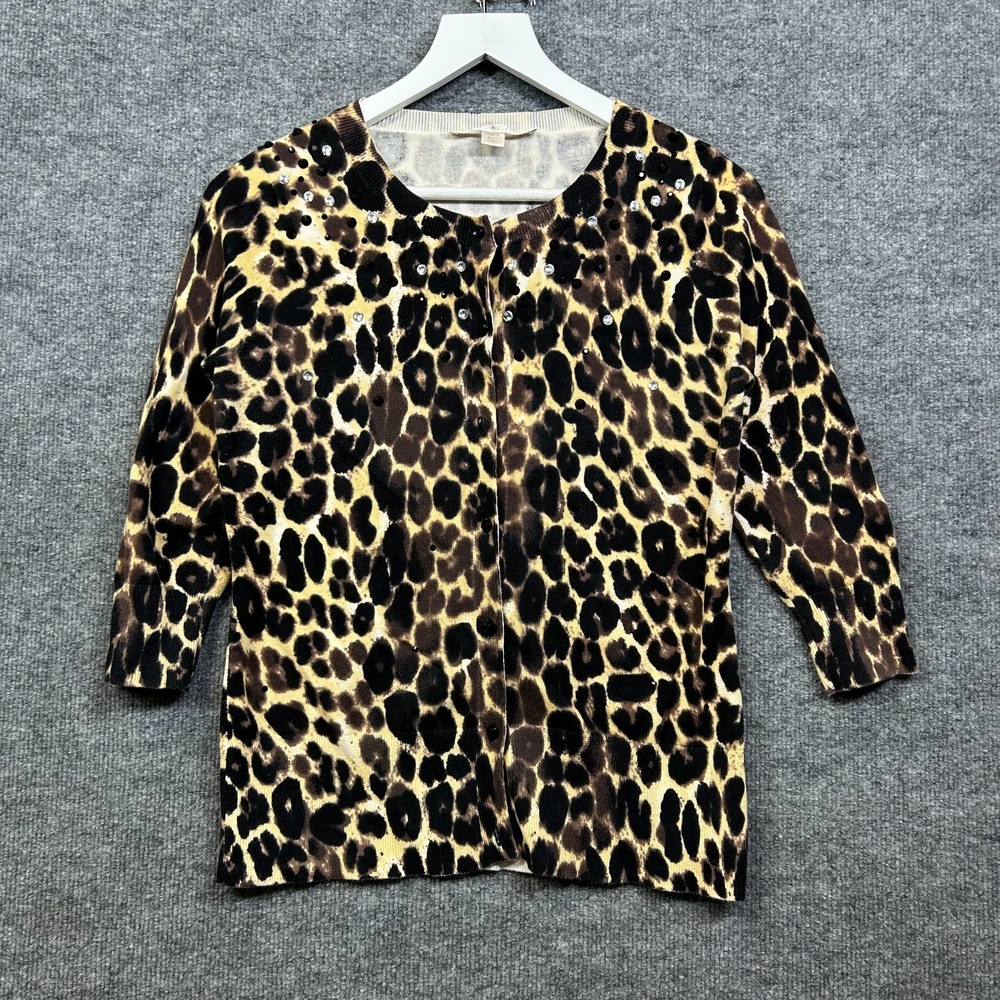 Boston Proper Cardigan Sweater Women's Brown Black Leopard Print Rhinestone - S